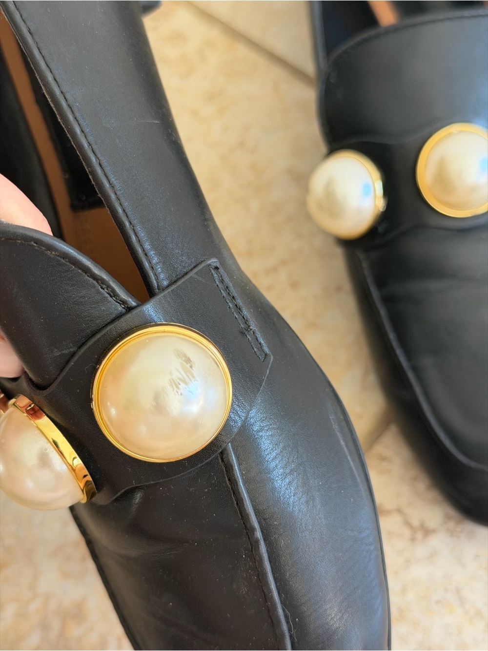 ZARA Black Leather Loafers with Pearl Accent - Picture 2 of 4